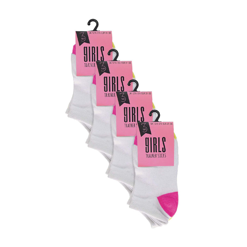 12 Pack Girls Low Cut White Trainer Socks with Contrast Heel & Toe