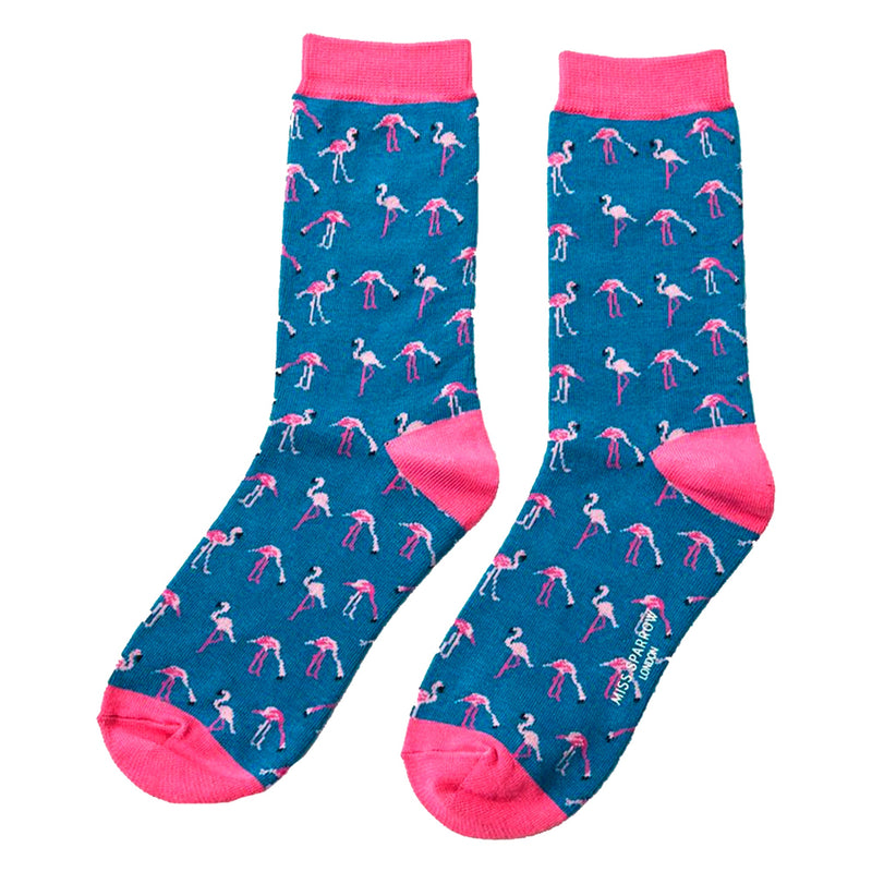 1 Pack Ladies Novelty Denim Blue Flamingos Bamboo Socks
