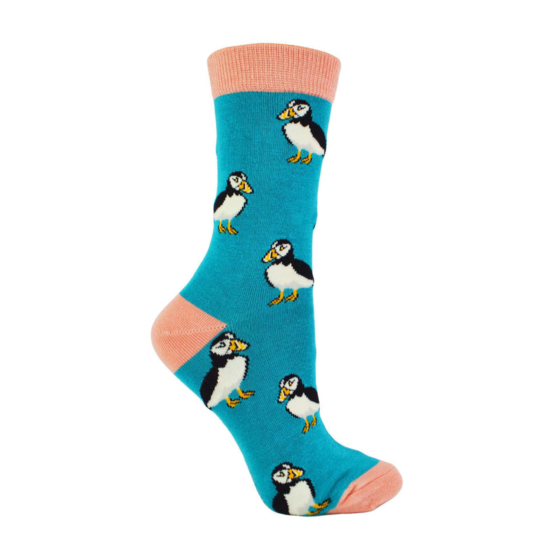 1 Pack Ladies Novelty Turquoise Puffin Bamboo Socks