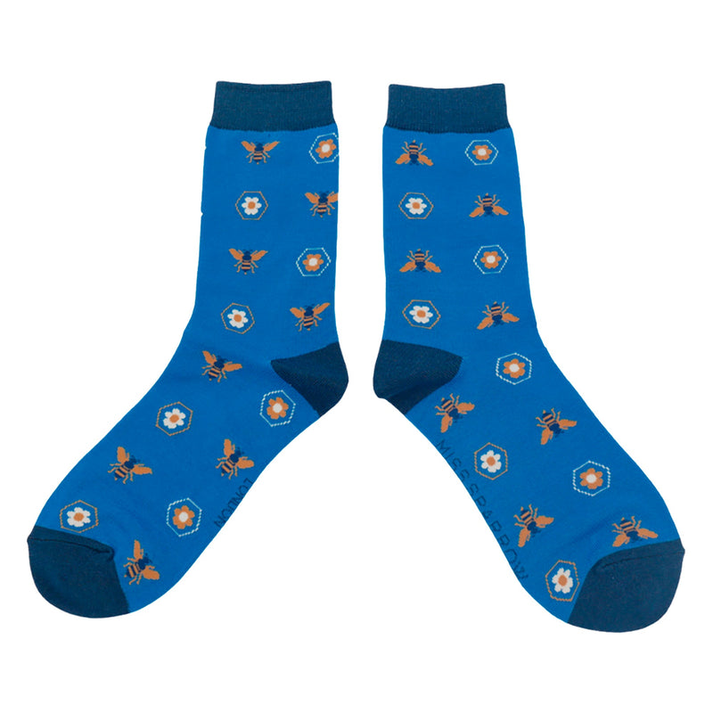 1 Pack Ladies Novelty Blue Retro Bees Bamboo Socks