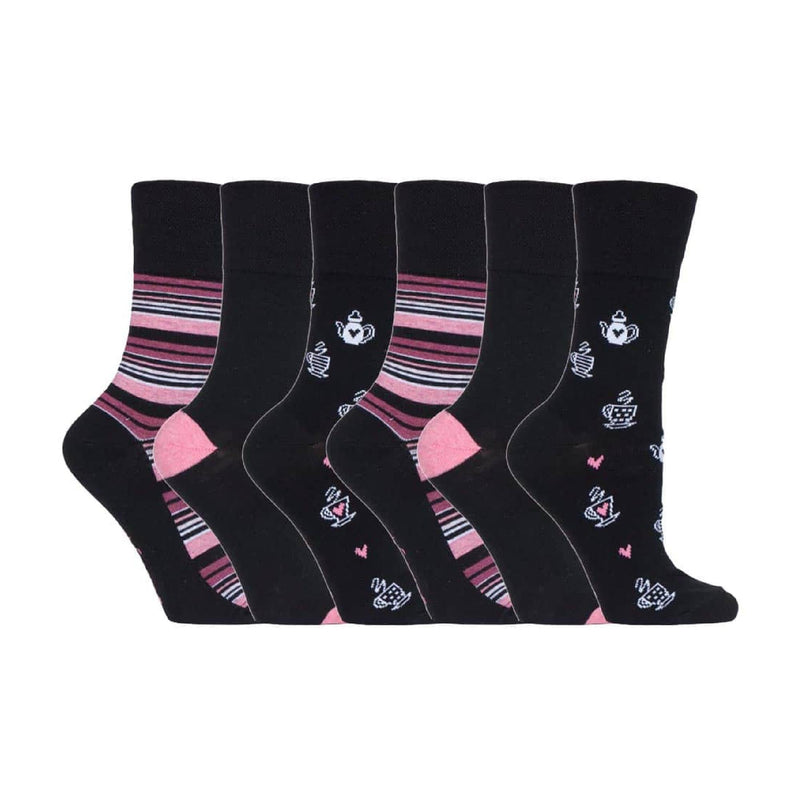 6 Pack Ladies Non Elastic Loose Top Patterned Cotton Rich Socks