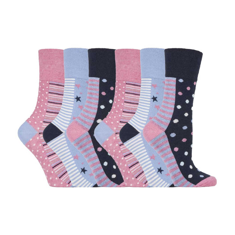 6 Pack Ladies Patterned Non Elastic Cotton Socks