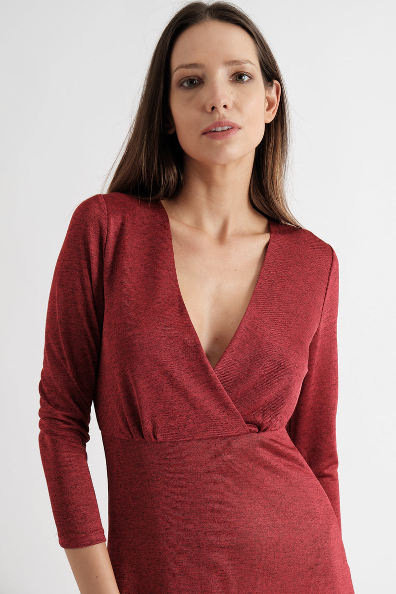 Sona Marl Faux Wrap Midi Dress in Red