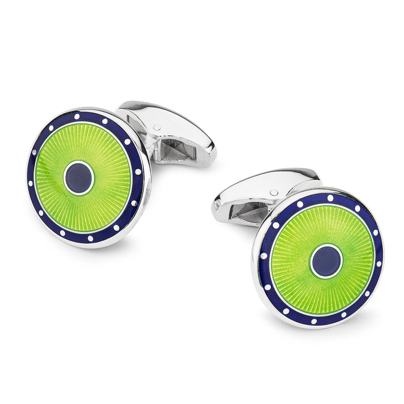 Sterling Silver Domed Guilloche Cufflinks In Green
