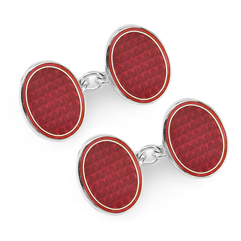 Oval Cloisonne Sterling Silver Chain Cufflinks In Burgundy