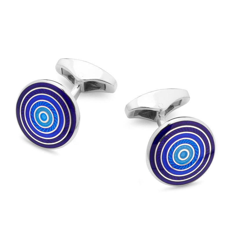 Sterling Silver Guilloche Roundel Cufflinks in Blue Gradient