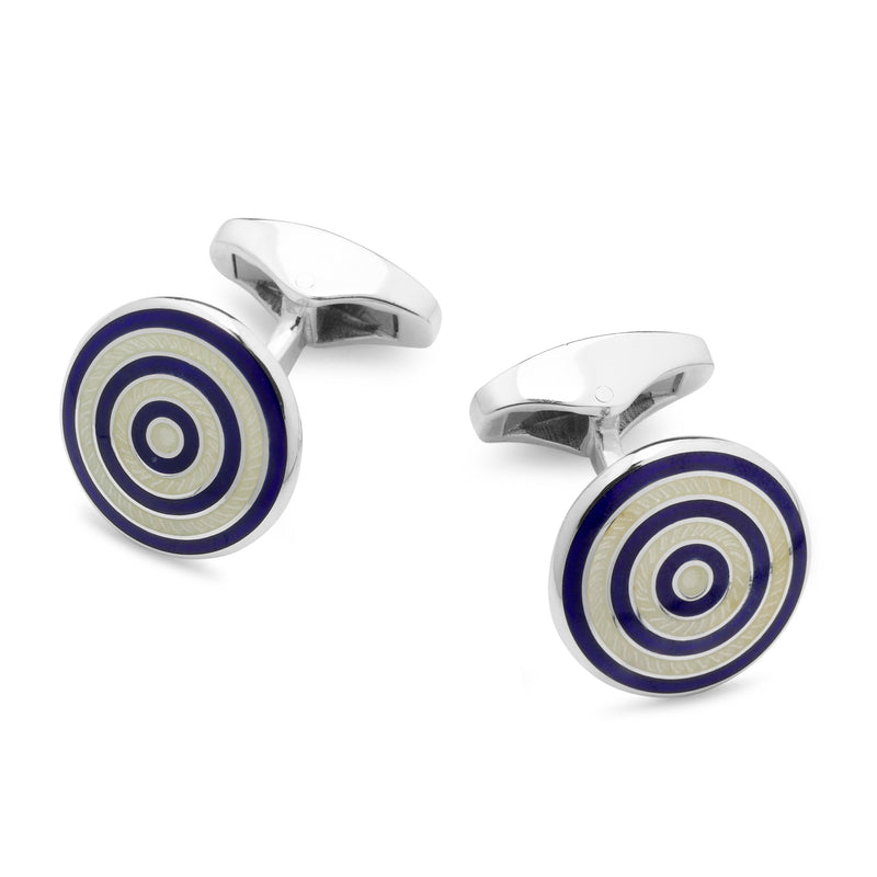 Sterling Silver Guilloche Roundel Cufflinks In Navy & Cream