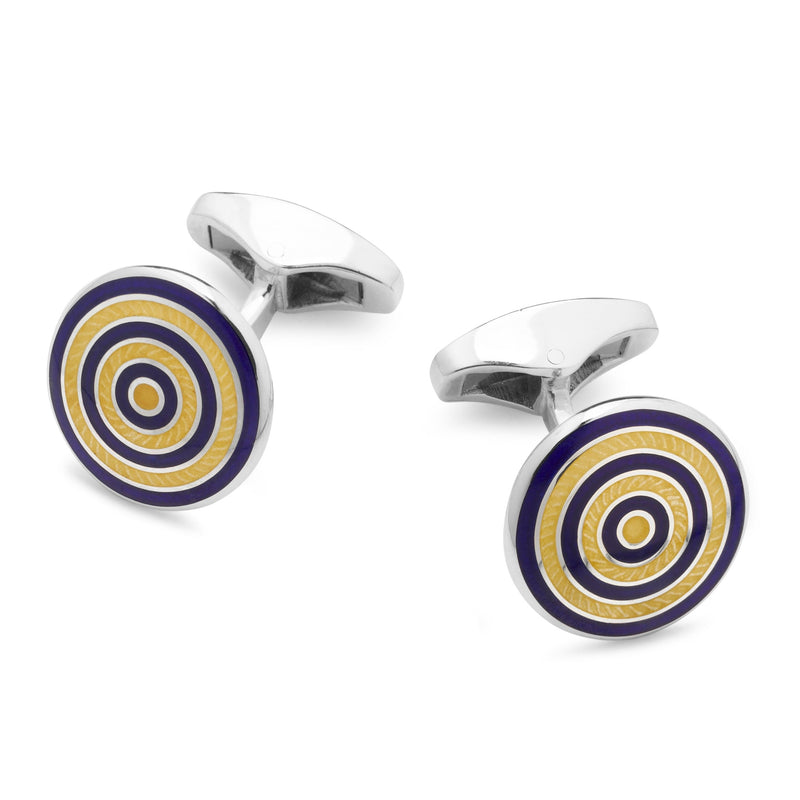 Sterling Silver Guilloche Roundel Cufflinks In Navy & Yellow