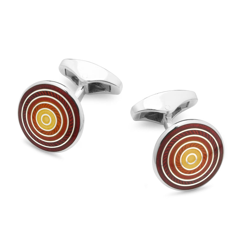 Sterling Silver Guilloche Roundel Cufflinks In Red & Orange Gradient