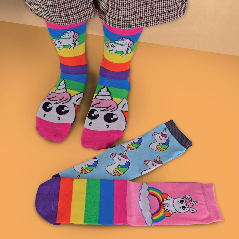 3 Pack Girls Soft Cotton Unicorn Striped Rainbow Design Socks