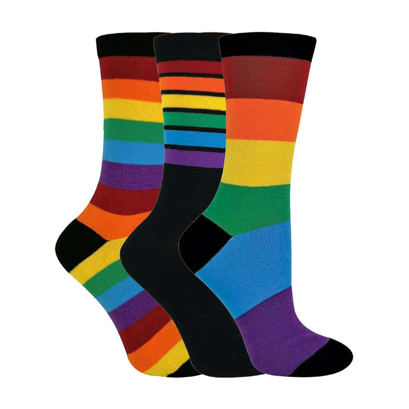3 Pack Mens & Ladies Bright Patterned Striped Cotton Rainbow Socks