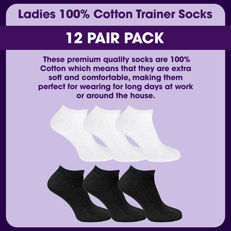12 Pack Womens 100% Cotton Trainer Socks