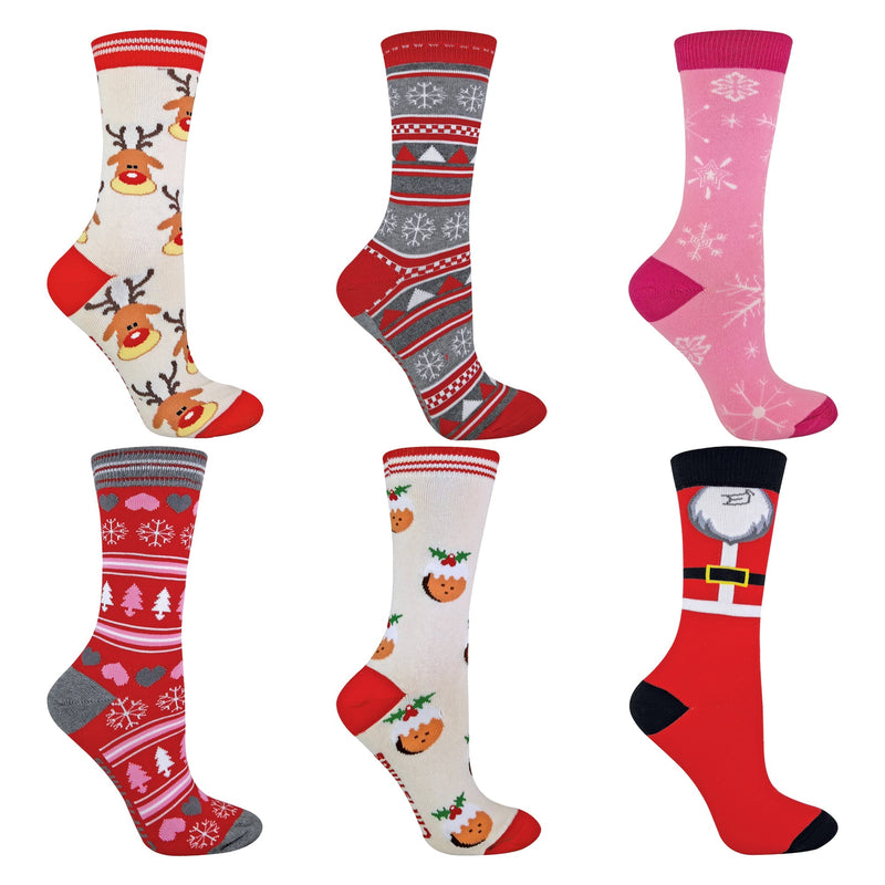 6 Pack Novelty Festive Ladies Christmas Socks