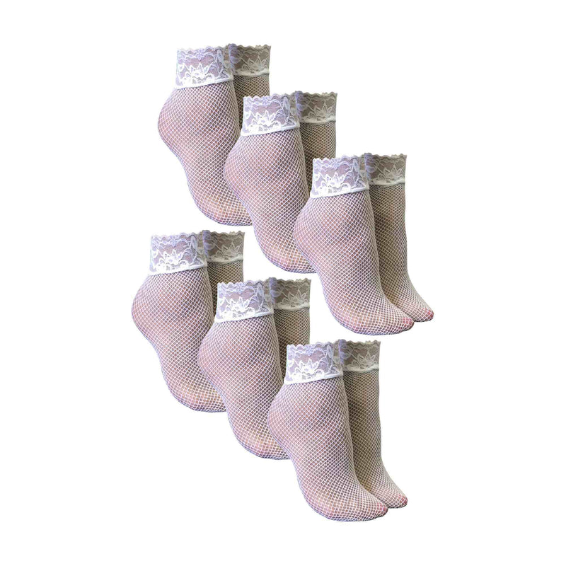 6 Pack Ladies Low Cut Fishnet Ankle Socks with Lace Trim