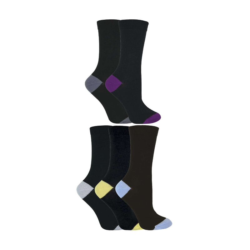 5 Pack Ladies Soft Top Cotton Rich Socks with Coloured Heel & Toe