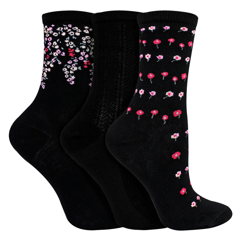 3 Pairs Ladies Floral Pattern Socks - Soft Cotton Rich Everyday Socks