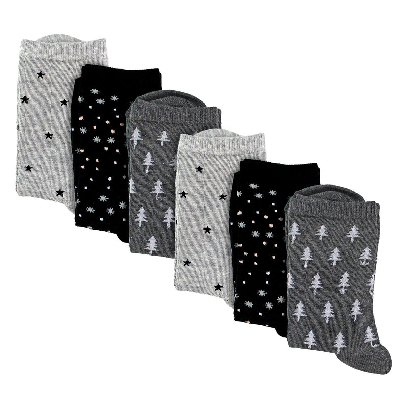 6 Pairs Ladies Stars and Trees Patterned Socks - Soft Cotton Rich Everyday Socks