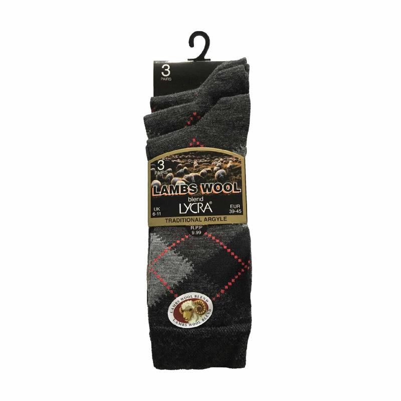 3 Pack Mens Lambs Wool Blend Argyle Socks with Soft Top