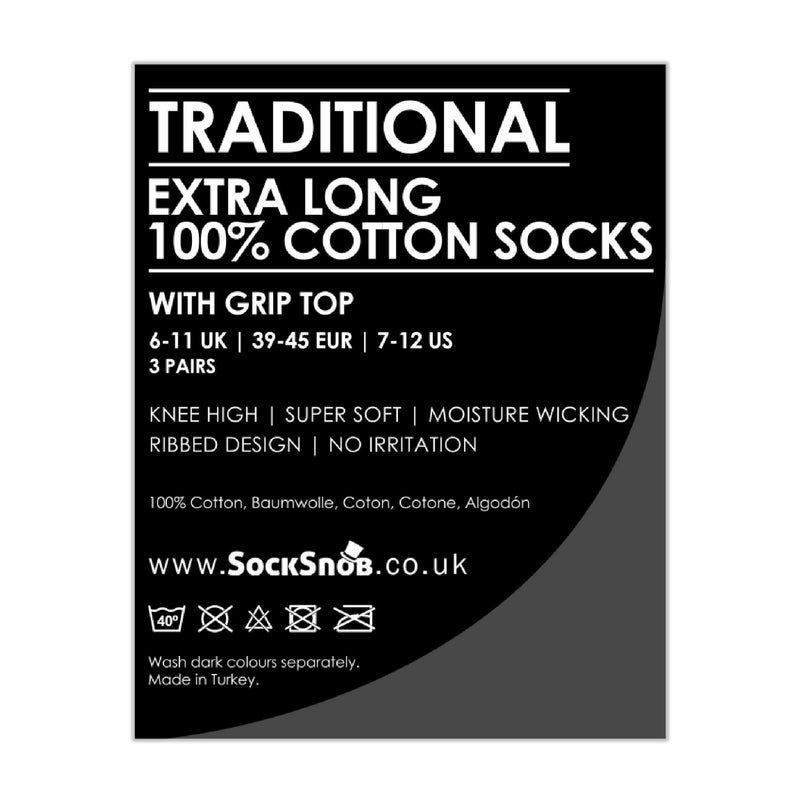 3 Pack Mens Long Knee High Length 100% Cotton Socks