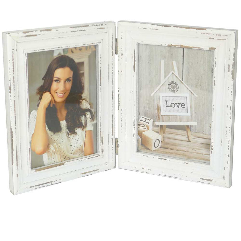 Rustic White Double Photo Frame – Distressed Antique Hinged Frame for Two 7x5 Inch Photos