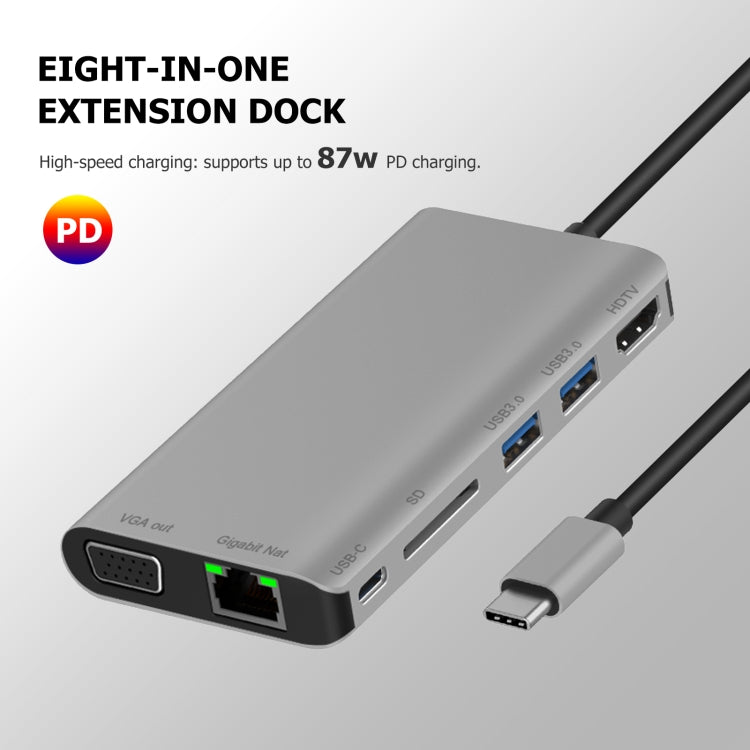 7 in 1 Type-C to RJ45+VGA+Type-C+SD Card Slot+USB3.0 x 2+HDMI Dock Hub Adapter, 7 in 1