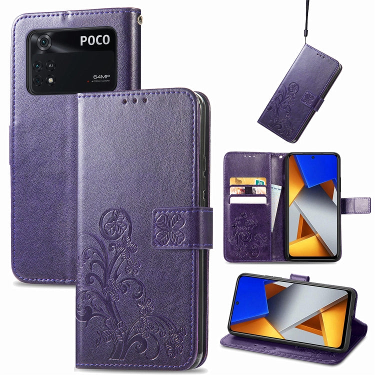 Four-leaf Clasp Embossed Buckle Leather Phone Case, For Xiaomi Poco M4 Pro