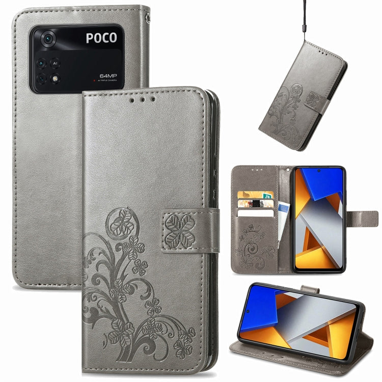 Four-leaf Clasp Embossed Buckle Leather Phone Case, For Xiaomi Poco M4 Pro