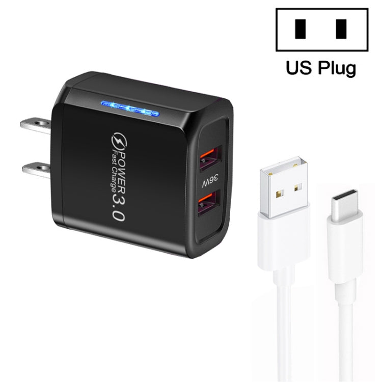 36W Dual Port QC3.0 USB Charger with 3A USB to Type-C Data Cable, US Plug, US Plug + USB to Type-C Cable