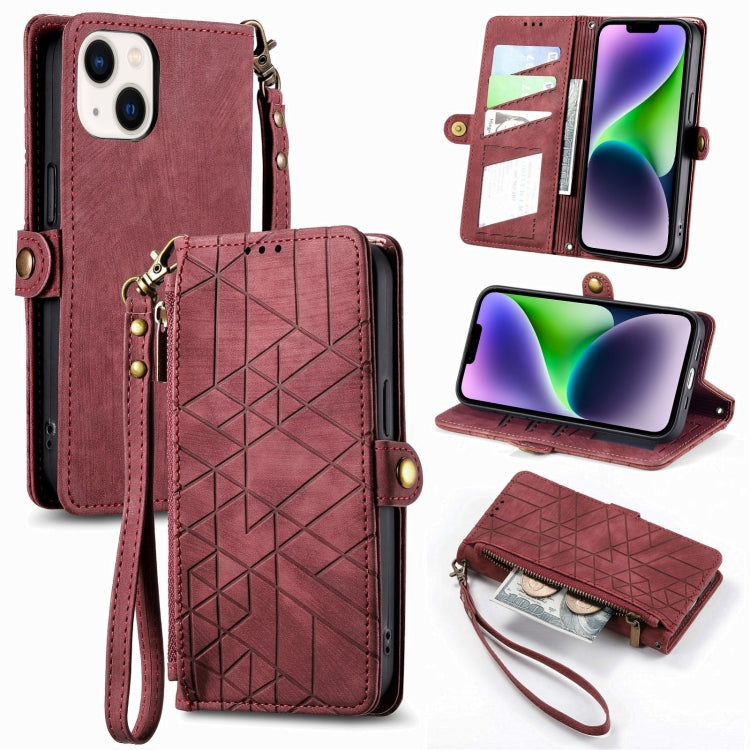 Geometric Zipper Wallet Side Buckle Leather Phone Case, For iPhone 15, For iPhone 14 Plus, For iPhone 14, For iPhone 14 Pro