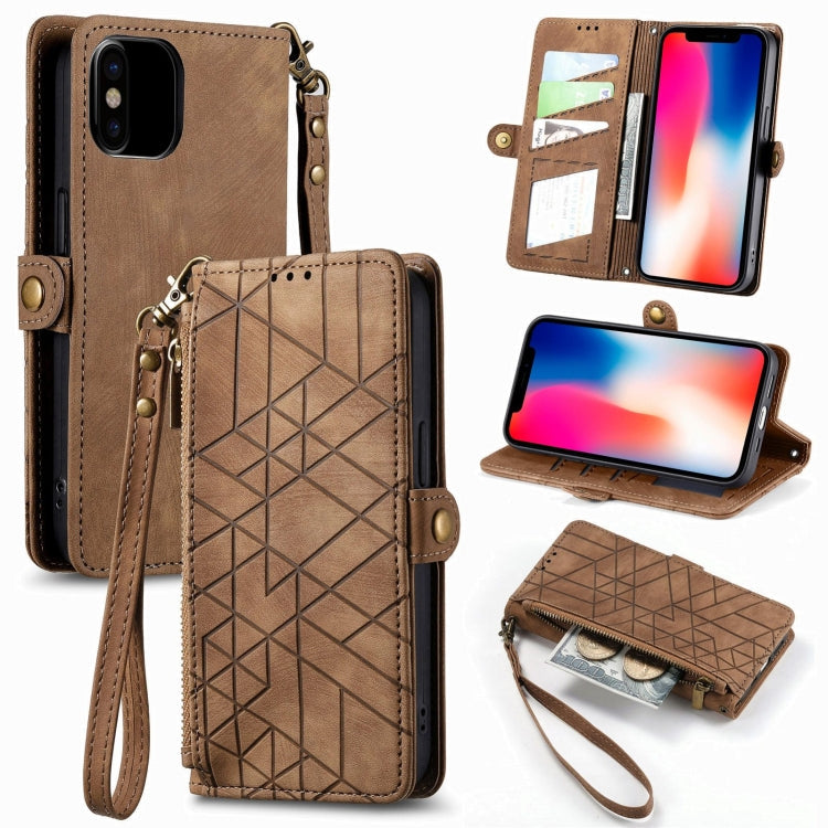 Geometric Zipper Wallet Side Buckle Leather Phone Case, For iPhone 11, For iPhone 11 Pro, For iPhone X / XS, For iPhone XR