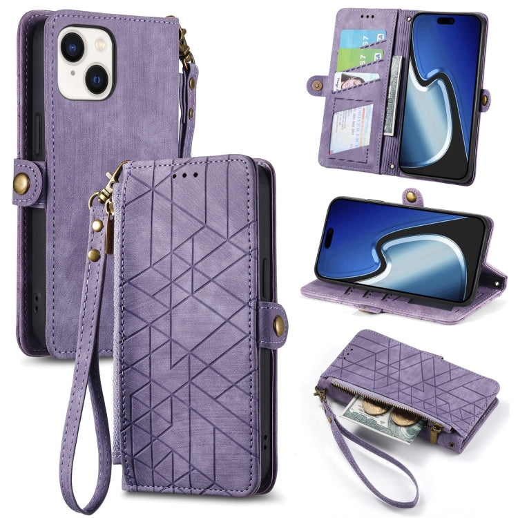 Geometric Zipper Wallet Side Buckle Leather Phone Case, For iPhone 15, For iPhone 14 Plus, For iPhone 14, For iPhone 14 Pro