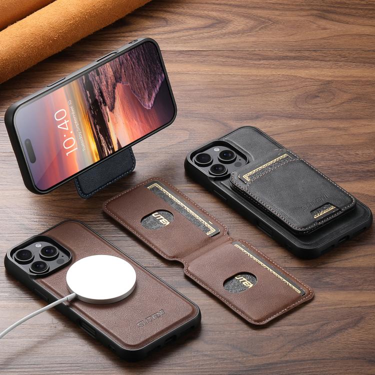 Suteni M5 Magnetic Card Bag MagSafe Cowhide Texture Leather Phone Case, For iPhone 16 Pro, For iPhone 16 Plus, For iPhone 16, For iPhone 15 Pro Max, For iPhone 15 Pro, For iPhone 15 Plus, For iPhone 15, For iPhone 14 Plus