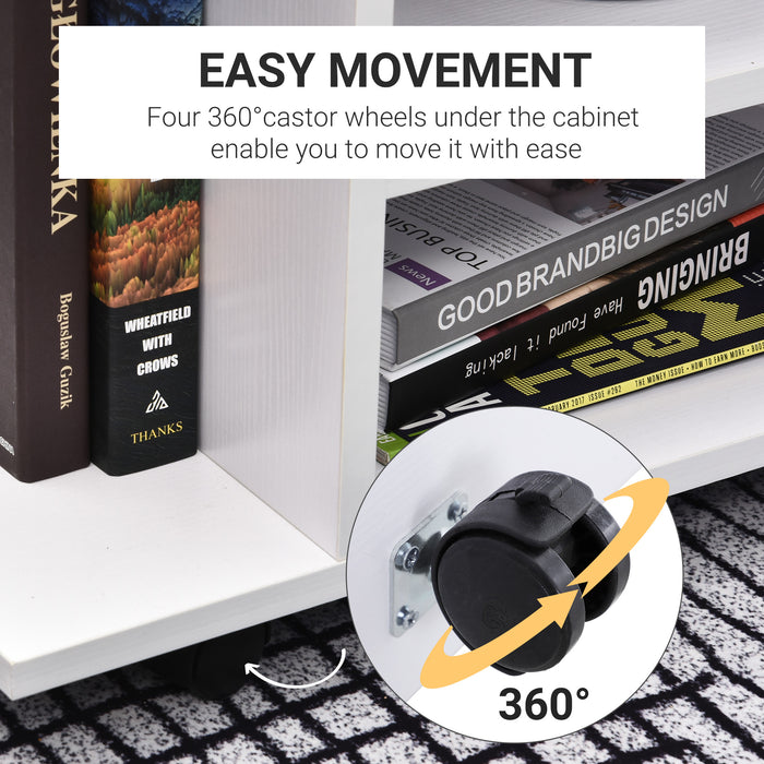 TV Stand Bookshelf Cabinet Modern 3 Tier shelf Storage Wheels in White