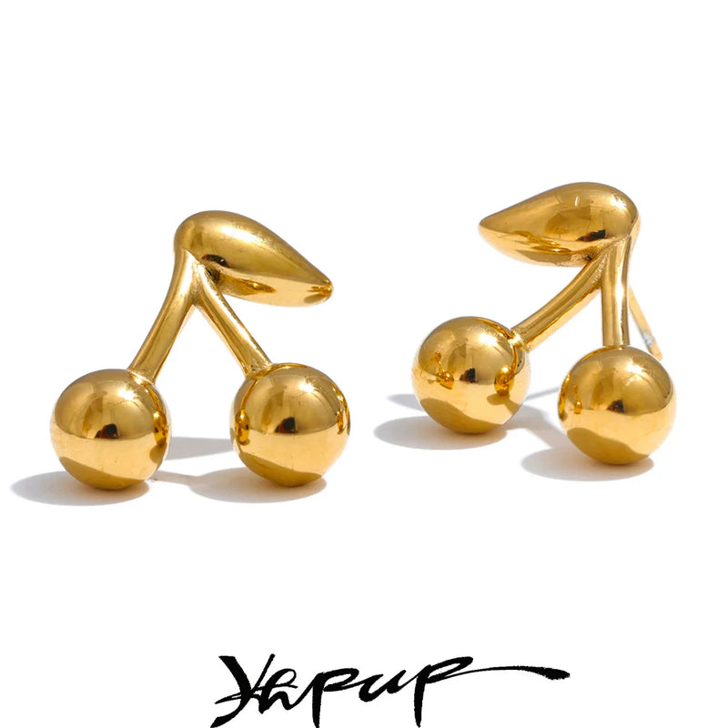 Yhpup 316L Stainless Steel Metal Chic Cherry Golden Stud Earrings Water Resistant Charm Fashion Jewelry 18K PVD Plated Wholesale