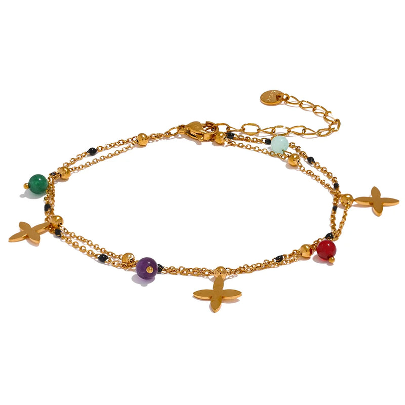 Yhpup Colorful Natural Stone Bead Flower Chain Stainless Steel Beach Anklet for Women Exquisite Summer Jewelry Bijoux Femme