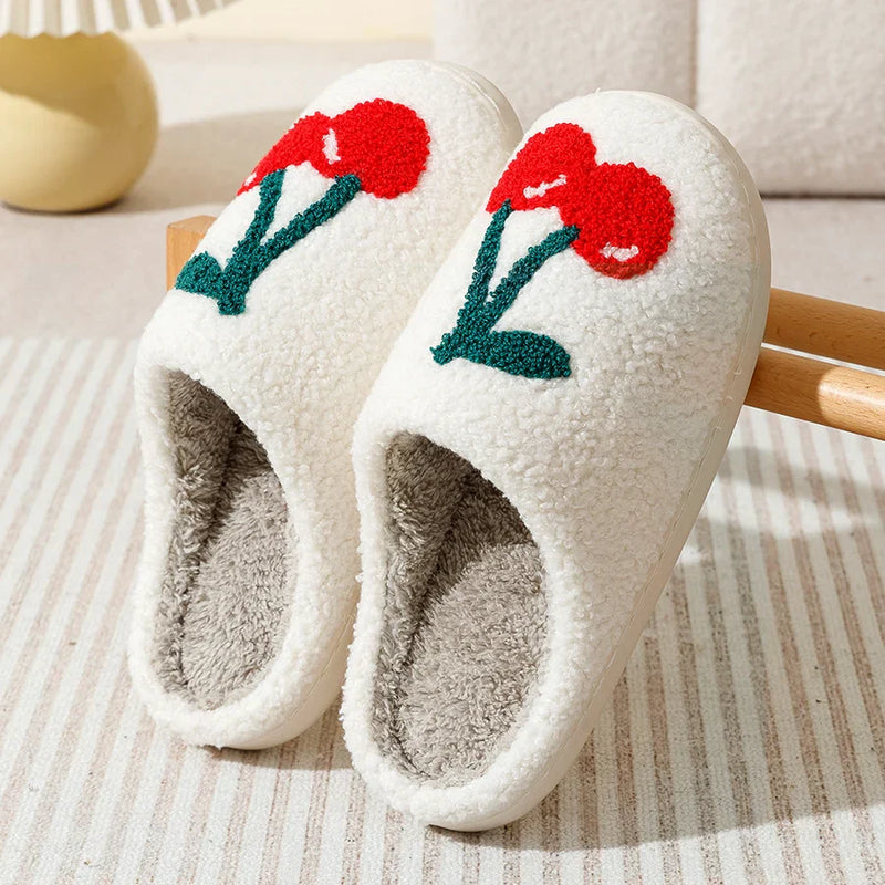 Cute Avocado Women Slippers Winter Warm Indoor Fruit Cartoon Funny Soft Non-slip Slipper Cherry Strawberry Comfy Cotton Shoes