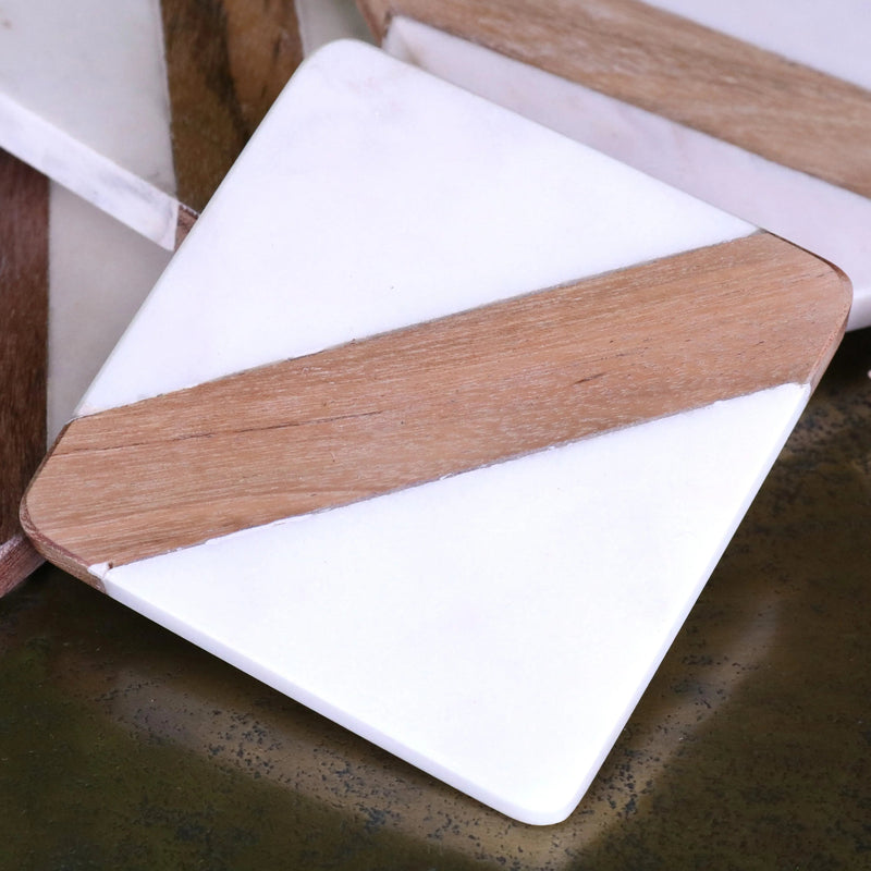 Salya White Marble and Wood Luxury Coasters