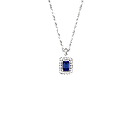 Sapphire Rectangle Halo Pendant Necklace