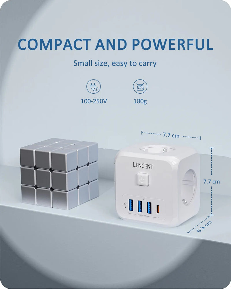 LENCENT Wall Socket Extender with 3 AC Outlets 3 USB Ports And1 Type C 7-in-1 EU Plug Charger On/Off Switch for Home