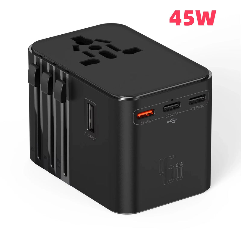 JINGMIN Universal Travel Adapter with 4 AC Outlets 1 USB Ports 2 Type-C PD 25W All-in-one Fast Power Charge On EU UK US AUS Plug