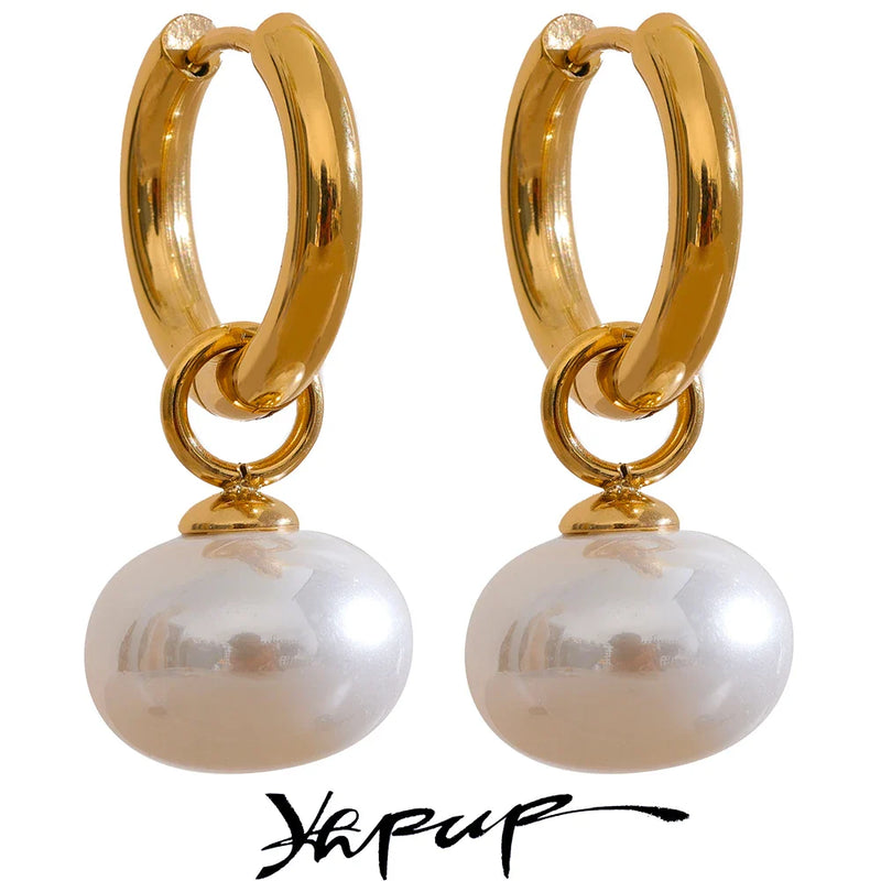 Yhpup High Quality Imitation Pearls Drop Stainless Steel Golden Korean Hoop Earrings Charms Fashion Jewelry Bijoux Femme Gift