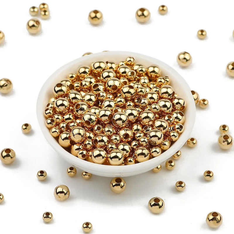 JHNBY Gold Plated Metal beads 2/3/4/5/6/8MM Round Iron Spacer Loose Beads For Jewelry Bracelets Necklace Making DIY Accessories