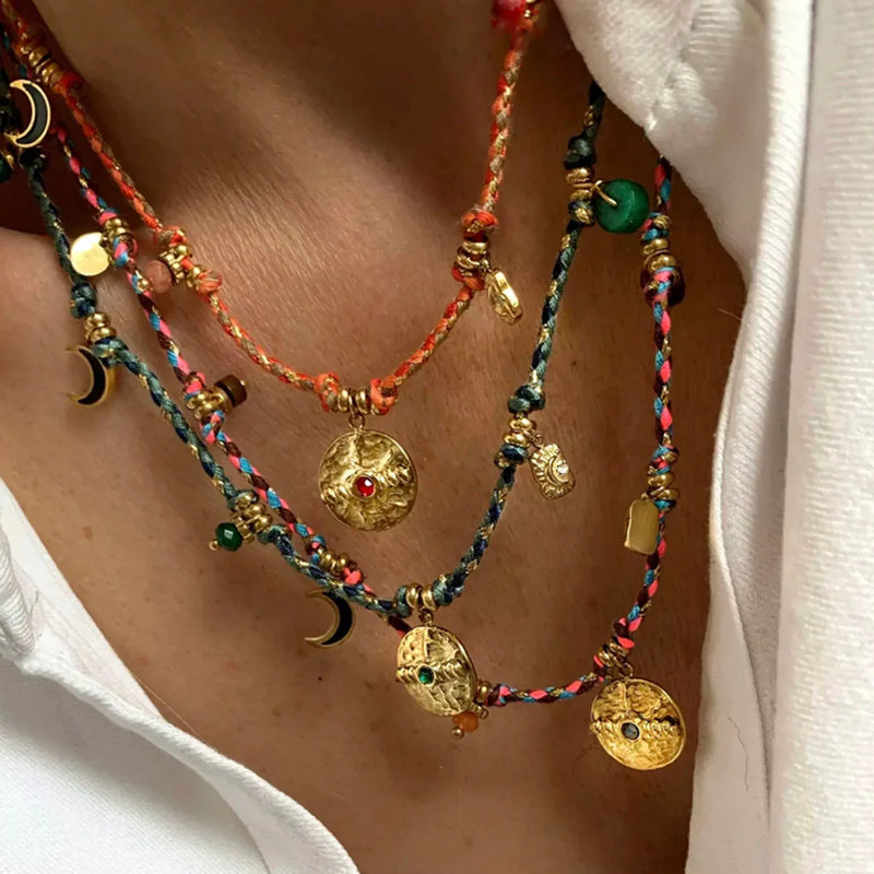 WILD & FREE Vintage Stainless Steel Charms Necklaces for Women Boho Pink Blue Rope Chains Bracelets Trendy Jewelry Sets