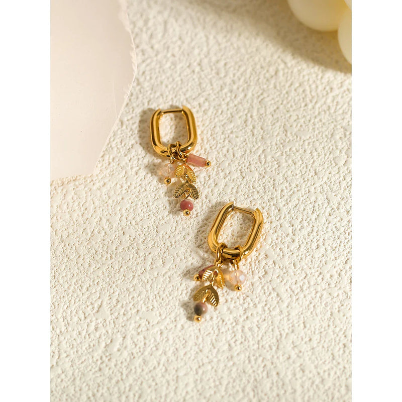 YACHAN 18K Gold Plated Stainless Steel Hoop Earrings for Women Natural Stone Pink Cute Charms Waterproof Jewelry