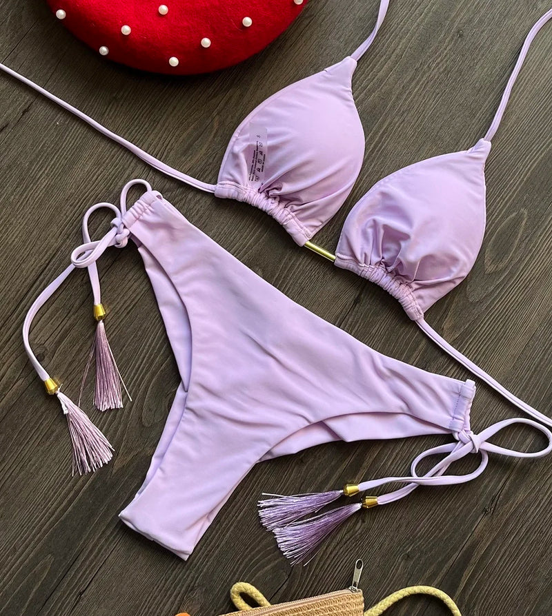 2025 New Sexy Triangle Bathing Suit for Women Brazilian Bikinis Halter Swimwear Push Up Swimsuit Metal Chain Beach Bikini Set
