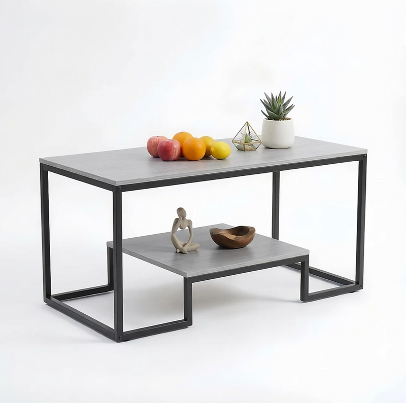 Alivio 2-Tier Storage Coffee Table with Metal Frame Design for Home & Office (Grey)