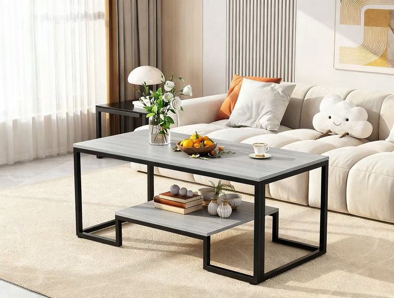 Alivio 2-Tier Storage Coffee Table with Metal Frame Design for Home & Office (Grey)