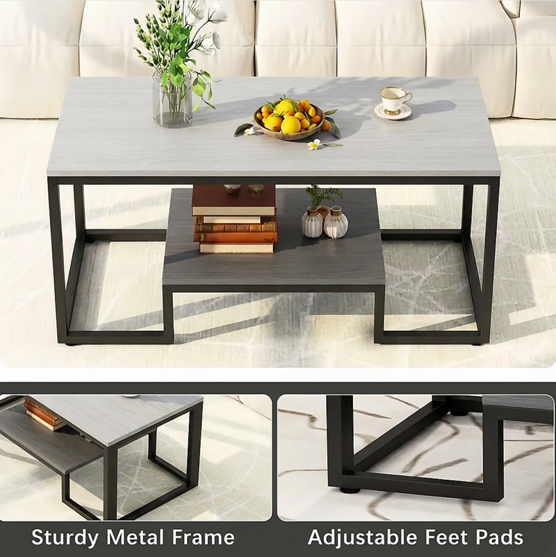 Alivio 2-Tier Storage Coffee Table with Metal Frame Design for Home & Office (Grey)