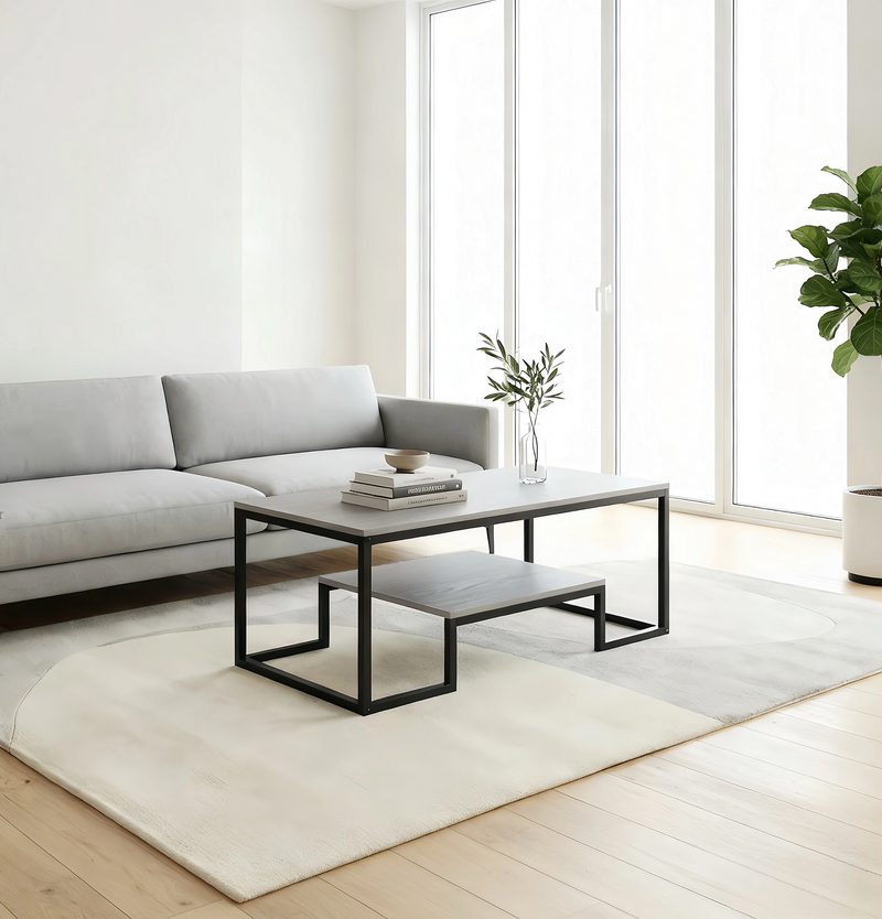 Alivio 2-Tier Storage Coffee Table with Metal Frame Design for Home & Office (Grey)
