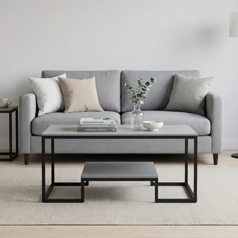 Alivio 2-Tier Storage Coffee Table with Metal Frame Design for Home & Office (Grey)